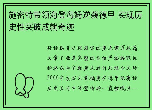 施密特带领海登海姆逆袭德甲 实现历史性突破成就奇迹